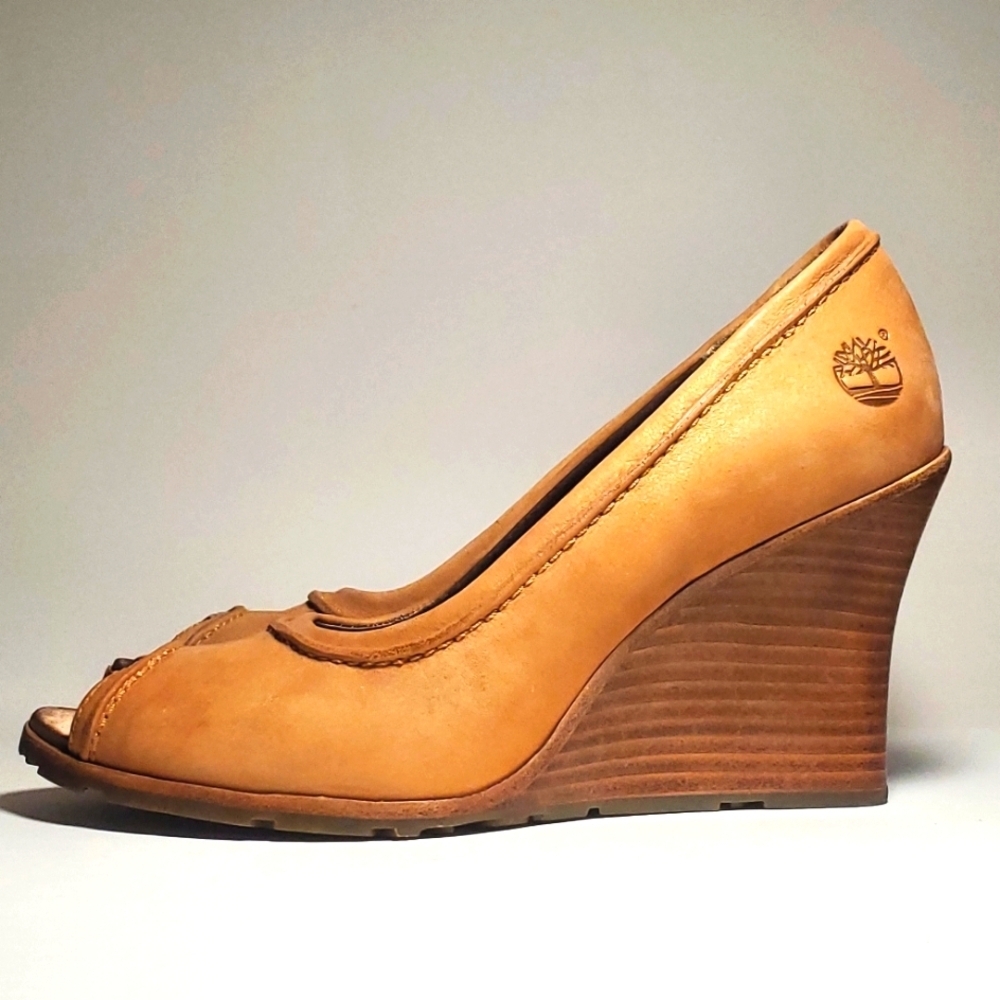 TIMBERLAND Tan Open-toe Stacked Wedge Heels Rubber Sole Leather Upper 7M - NWT - Picture 9 of 16